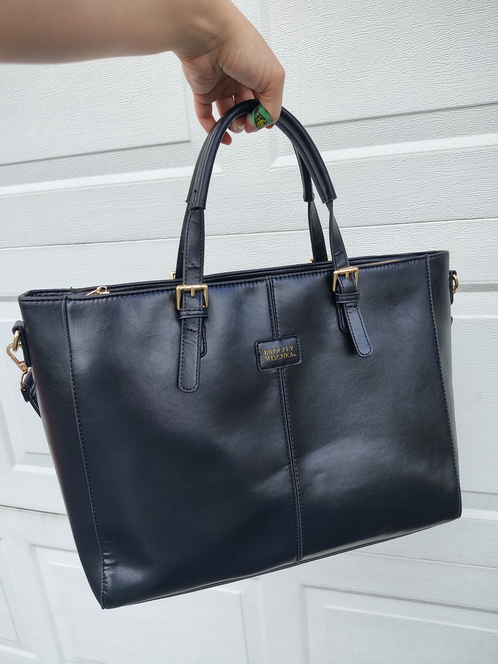 Badgley Mischka Black Faux Leather Travel Tote Bag with Trolley Sleeve